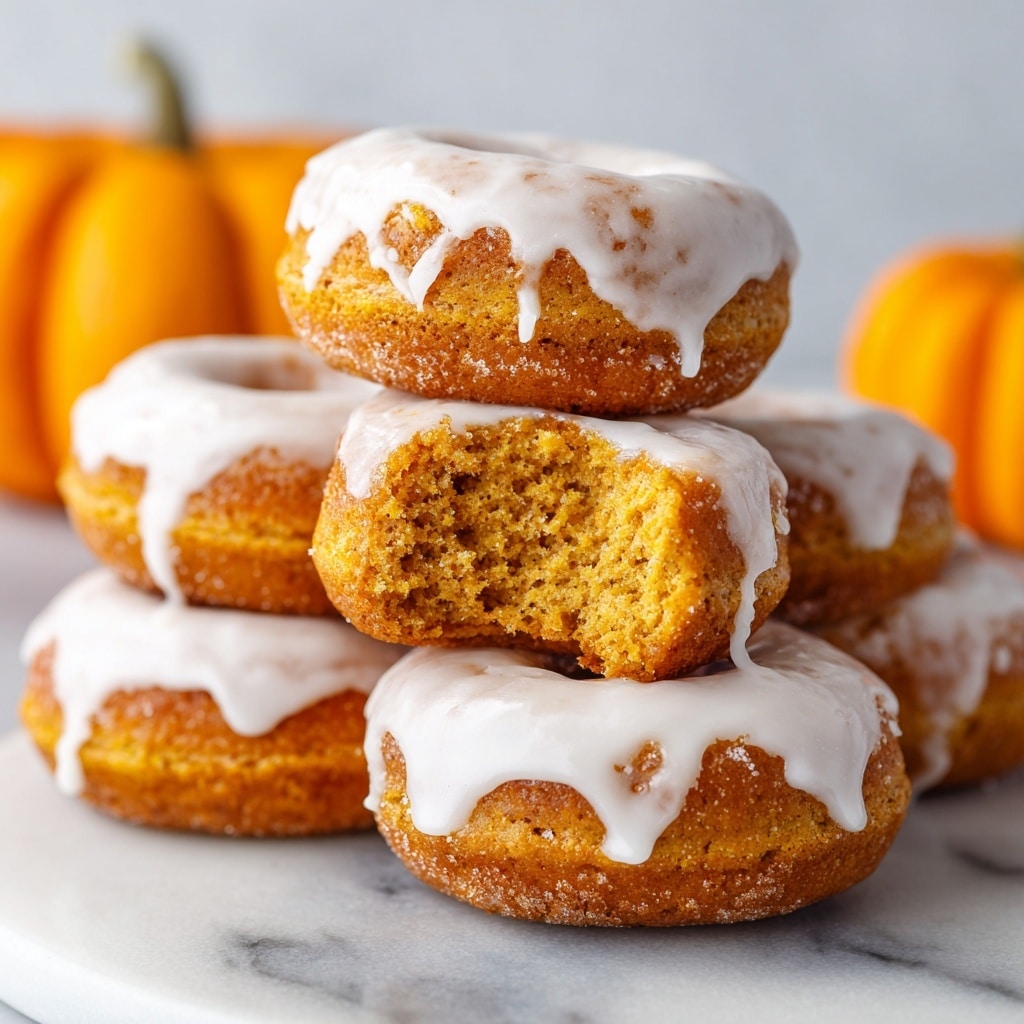 The image shows a close-up of a stack of soft, round pastries with a light, golden-brown crust covered in a glossy white glaze. Each pastry has a visible filling inside; the filling is a rich, deep orange-brown color with a crumbly texture. Some pastries are cut open or bitten into, revealing the fluffy white dough surrounding the filling. The background is softly blurred with a white marbled surface and a small pumpkin adding a warm autumn feel. photo taken with an iphone --ar 4:5 --v 7