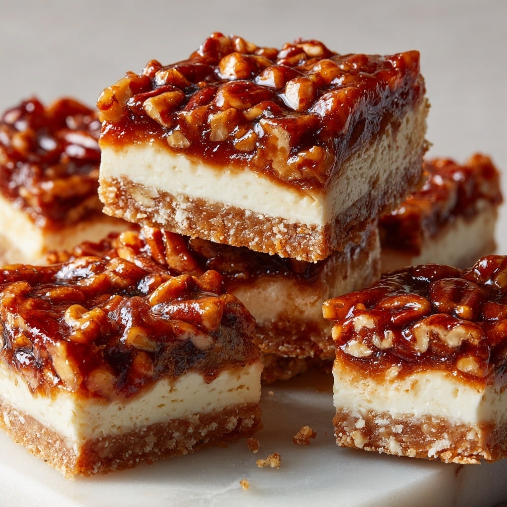The image shows several square pieces of dessert stacked on a white marbled surface. Each piece has three clear layers: a bottom layer of light brown crumbly crust, a thick middle layer of creamy pale yellow cheesecake, and a top layer covered with glossy, rich brown pecans held together by a shiny syrup. The pecan layer looks sticky and nuts are unevenly placed, giving a textured look. One square is placed on top of another, showing all layers clearly. Photo taken with an iphone --ar 4:5 --v 7