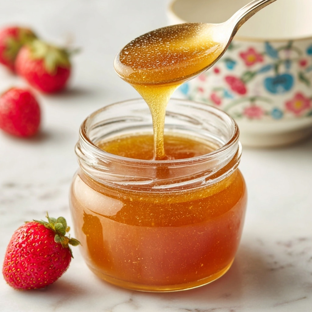 A close-up shot shows a clear textured glass jar filled with thick golden honey, with a spoon lifting some honey above it, creating a smooth, sticky drip back into the jar. The honey is shiny and translucent with tiny air bubbles inside. Around the jar, there are a few bright red strawberries blurred in the white marbled background. The image has soft natural lighting making the honey glow warmly. Photo taken with an iphone --ar 4:5 --v 7