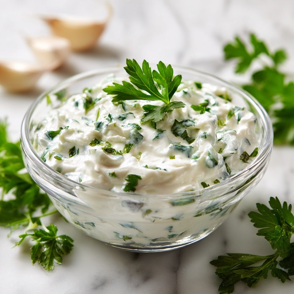 A clear glass bowl filled with a thick, creamy white dip mixed with small green herb pieces, with a few fresh dark green parsley leaves scattered on top for garnish. The bowl sits on a white marbled surface with some parsley sprigs and garlic cloves blurred in the background, adding a fresh and natural feel. Photo taken with an iphone --ar 4:5 --v 7