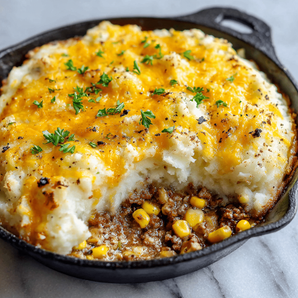 A close-up image of a skillet shepard’s pie with three visible layers: the bottom layer is a mix of brown cooked ground meat with yellow corn and green peas, the middle layer is thick, creamy white mashed potatoes, and the top layer is melted golden-yellow cheese sprinkled with small green parsley pieces. A metal serving spoon lifts a portion showing all three layers clearly. The skillet is black and placed on a wooden surface with a white cloth with brown stripes in the background. photo taken with an iphone --ar 4:5 --v 7