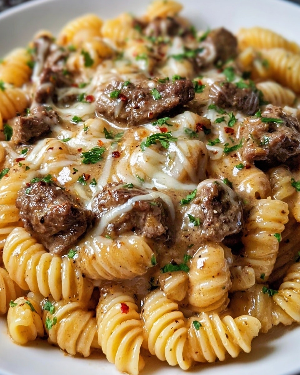 A close-up view of a dish with two main layers on a white plate against a white marbled texture background. The bottom layer is small shell-shaped pasta with a glossy light golden color, covered in a creamy sauce with specks of black pepper and red chili flakes. The top layer has browned ground meat chunks, slightly crispy on the edges, mixed into the pasta and sauce. Some melted white cheese is draped over the center, with green parsley leaves sprinkled on top for color contrast. The overall texture looks rich and thick, with a warm, savory feeling. photo taken with an iphone --ar 4:5 --v 7