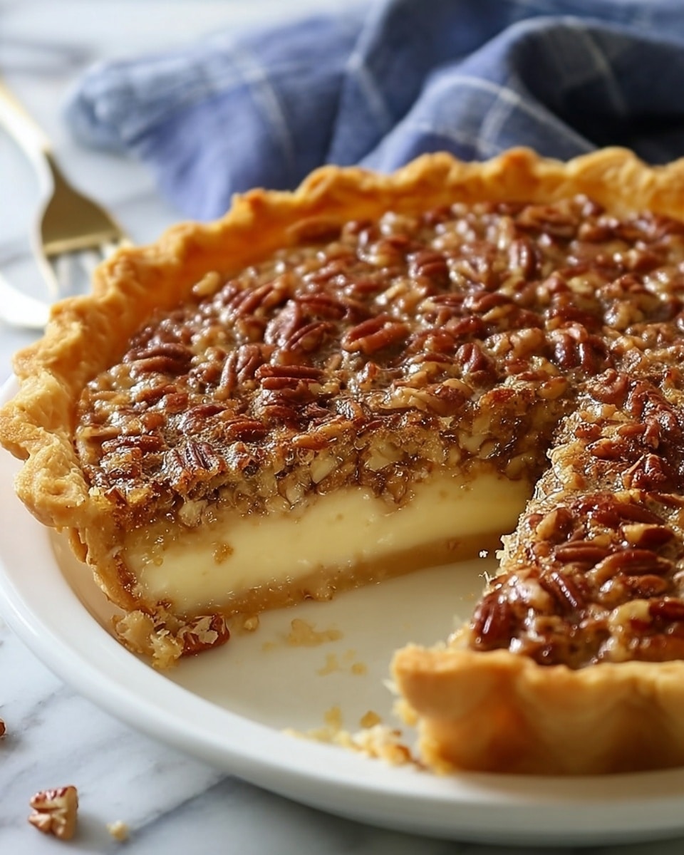 A pecan pie is shown with three main layers. The bottom crust is a golden-brown, crumbly pastry that holds the pie. The middle layer is creamy and pale yellow, filling the crust thickly. The top layer is a glossy, caramelized nut mix, mainly pecans, which are dark brown with a shiny caramel coating and some walnuts mixed in. The pie is partially sliced, showing the creamy filling inside. It sits on a white plate placed on a white marbled surface, and part of a woman’s hand is visible holding a utensil in the background. Photo taken with an iphone --ar 4:5 --v 7