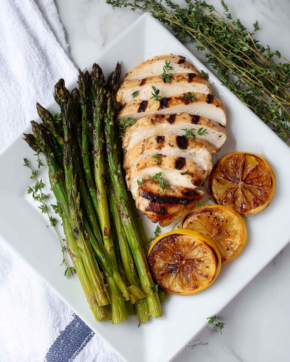 Two grilled chicken breasts with visible charred grill marks and small green herb leaves on top are placed on a white plate. Under the chicken, there are several grilled green asparagus spears arranged side by side on the left. Around the chicken and asparagus, lightly charred lemon slices add a yellow and brown color contrast. The plate rests on a white marbled surface with a blue and white checkered cloth partially visible on the left. Photo taken with an iphone --ar 4:5 --v 7