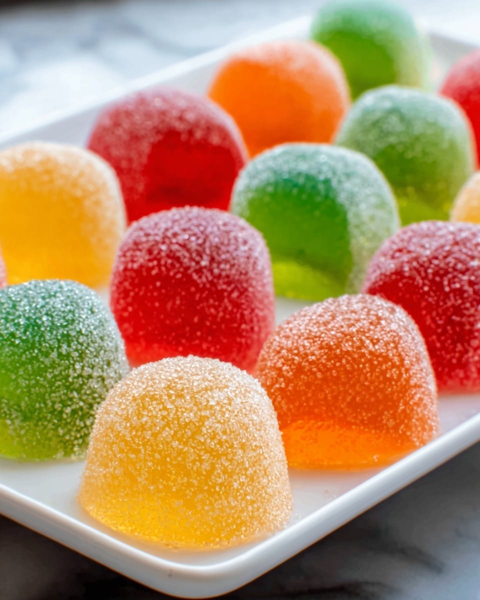 The image shows a close-up of colorful gumdrops arranged on a clean white square plate. The gumdrops come in several colors including green, yellow, red, orange, and light brown. Each gumdrop is covered in sugar crystals that give them a frosted texture. The gumdrops are randomly placed, some leaning against each other, creating a playful and inviting look. The background has a soft blur with a white marbled texture underneath the plate, and there is no visible woman's hand in the image. photo taken with an iphone --ar 4:5 --v 7