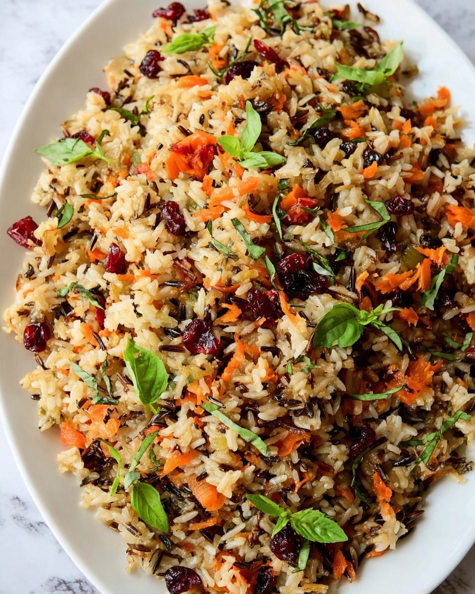 A white plate filled with a colorful mixed rice salad featuring three layers: the bottom layer has a mix of light yellow cooked bulgur and dark brown wild rice grains, the middle layer includes small diced bright orange carrots and dark red dried cranberries, and the top layer is garnished with fresh green leafy herbs and small lettuce pieces evenly spread over the dish. A silver spoon rests on the plate, scooping some of the rice mixture, showing the details of each ingredient clearly against the white plate and white marbled background. Photo taken with an iphone --ar 4:5 --v 7