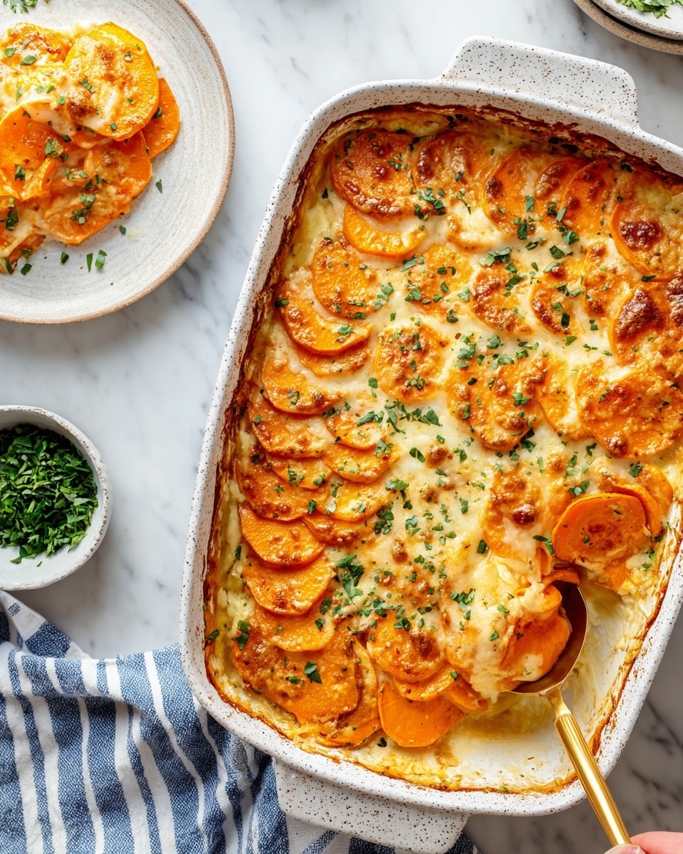 The image shows a white speckled baking dish filled with a layered sweet potato casserole topped with melted cheese and finely chopped green herbs sprinkled all over. The casserole features thin, round slices of orange sweet potatoes arranged in a slightly overlapping pattern in multiple layers, covered by a creamy, golden cheese sauce that looks rich and bubbly with some browned spots on the edges. On the left, a white plate holds a serving of the casserole with visible layers of sweet potatoes and melted cheese on top. The dish is placed on a white marbled surface with a blue and white striped cloth partially visible at the bottom left, and a small white bowl filled with chopped green herbs nearby. A woman's hand is holding a gold spoon scooping the casserole from the dish. Photo taken with an iphone --ar 4:5 --v 7