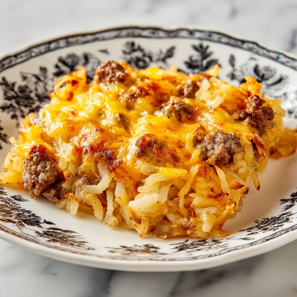 A close-up view of a casserole dish filled with a taco hashbrown casserole, showing three main layers: the bottom layer is golden brown shredded hashbrowns with some crispy spots, the middle layer is browned ground beef mixed with taco seasoning which appears in small, crumbly pieces, and the top layer is a melted, mixed yellow and white cheese that covers the entire surface in gooey, stretchy patches. The texture is soft and slightly bubbly, with some areas of light browning on the cheese. The white casserole dish is visible on the right side, and the background is a white marbled texture. Photo taken with an iphone --ar 4:5 --v 7