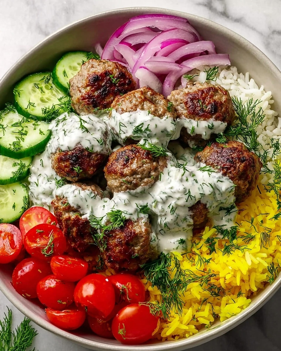 A white bowl holds a colorful layered dish, starting with a base of white rice mixed with some yellow rice on one side, giving a soft and fluffy texture. On top, there are several round, browned meatballs with a slightly crispy surface, covered by thick white sauce with green herbs. Around the meatballs, slices of fresh green cucumber are neatly arranged on one side, while halved bright red cherry tomatoes are placed on another side. Thinly sliced red onions add a pop of color beside the tomatoes. Fresh green dill is sprinkled over the dish, enhancing the freshness and color contrast. The bowl sits on a white marbled background. photo taken with an iphone --ar 4:5 --v 7