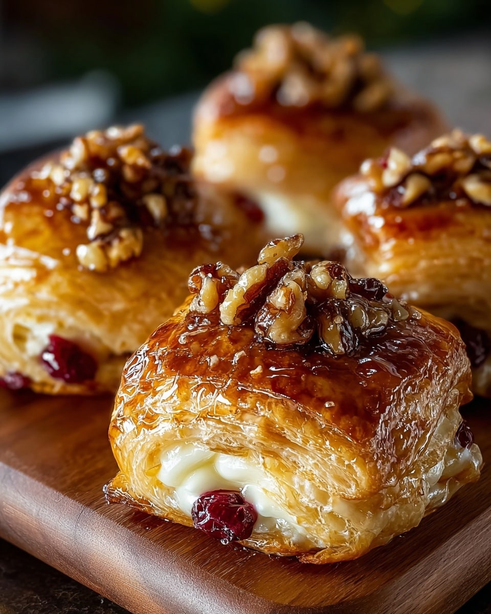 The image shows four golden-brown pastries sitting on a smooth wooden board. Each pastry has about three visible layers of flaky, shiny crust wrapped around a creamy white filling. There are red dried berries peeking out near the bottom edges, adding a splash of color. On top of each pastry, there is a small pile of chopped nuts covered in a sticky glaze, giving a shiny, textured finish. The close-up view highlights the glossy, crisp crust and soft filling inside. The background is softly blurred with hints of green, placing all focus on the pastries. photo taken with an iphone --ar 4:5 --v 7