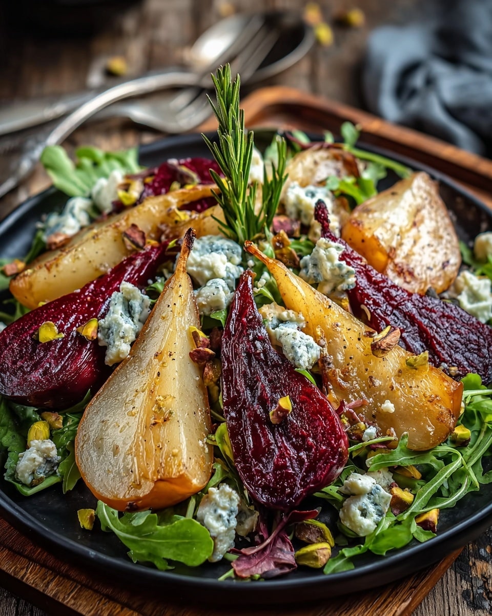 This image shows a salad served on a black plate set on a wooden surface. The salad has a base layer of green arugula leaves. On top, there are roasted pear wedges that are golden yellow and translucent with a slightly caramelized texture and roasted red beet wedges that are deep red with a shiny surface and textured skin. Scattered across the salad are small chunks of white and blue-veined blue cheese and crushed light green pistachios. A sprig of fresh rosemary stands upright in the center. The background is a white marbled texture. Photo taken with an iphone --ar 4:5 --v 7