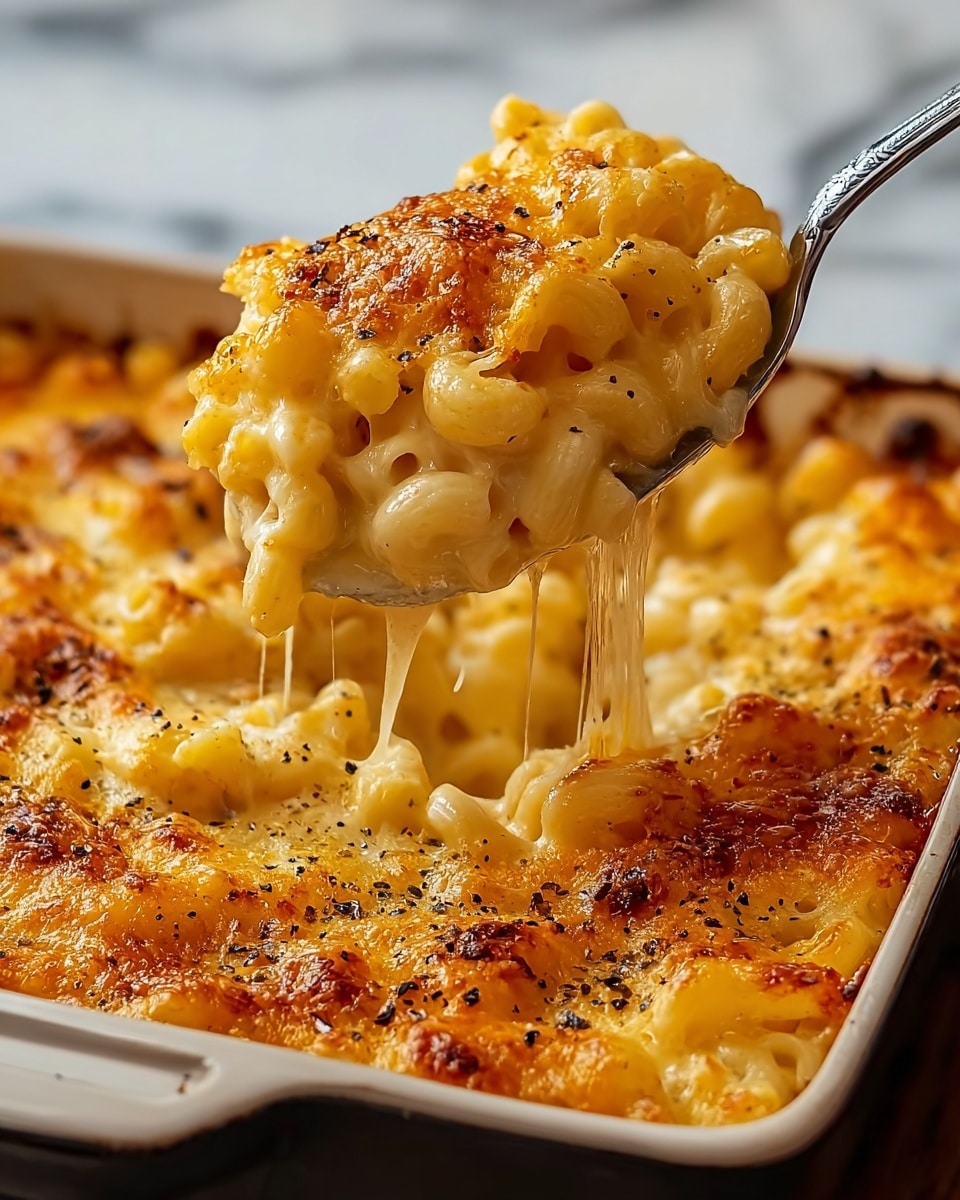 A close-up view of a white rectangular baking dish filled with baked macaroni and cheese, featuring a golden-brown top layer with melted cheese browned in spots and sprinkled with black pepper. A spoon lifts a portion from the dish, showing three layers: the top layer is a crispy, bubbly cheese crust with orange and brown tones; the middle layer is gooey, stringy melted cheese in creamy yellow shades stretching from the dish to the spoon; the bottom layer contains tender macaroni pasta with a pale yellow color. The background features a white marbled texture, and the focus is on the dish and the spoon lifting the cheesy macaroni. Photo taken with an iphone --ar 4:5 --v 7