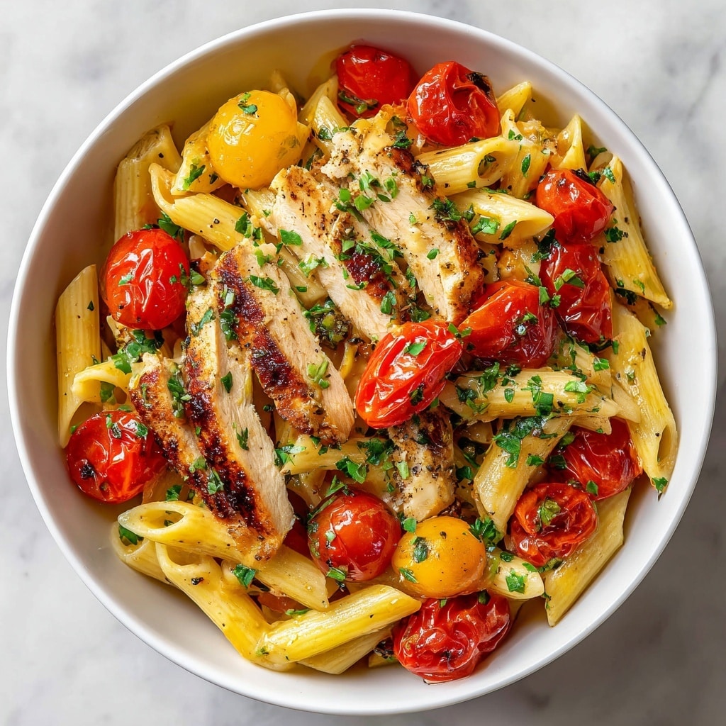 The image shows a white bowl filled with a colorful penne pasta dish on a white marbled surface. The bottom layer is cooked penne pasta, light golden and slightly shiny. Scattered evenly throughout are roasted cherry tomatoes, bright red with a soft texture. On top, there are strips of grilled chicken breast, golden brown with grill marks and a slightly crispy texture. The dish is garnished with chopped fresh green herbs and cracked black pepper, adding specks of green and black. The photo is taken with an iphone --ar 4:5 --v 7