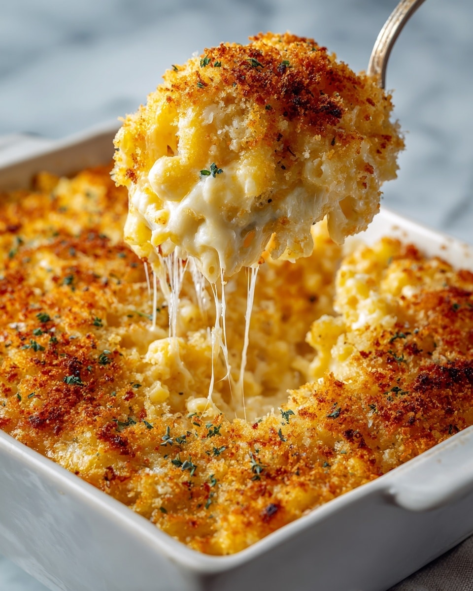 A close-up of a white rectangular baking dish filled with a baked macaroni and cheese casserole. The top layer is a thick, golden-brown crust of crispy breadcrumbs with small green herb specks, showing uneven toasted spots and a crunchy texture. Underneath, a creamy, gooey layer of melted cheese pulls away from the dish with strings of stretchy cheese, mixed with soft yellow pasta beneath. The edges of the casserole show a blend of browned and creamy cheese layers, while a woman's hand holds a spoon lifting a large scoop. The dish is on a white marbled textured background. photo taken with an iphone --ar 4:5 --v 7