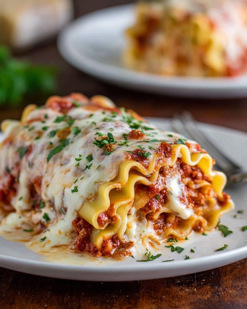A close-up of a rolled lasagna piece on a white plate with a white marbled texture background, showing three visible layers of wavy yellow pasta sheets. Inside, the middle layer has a textured mix of red tomato sauce and light beige cheese, with bits of green herbs scattered throughout. The top layer is covered with melted white cheese, slightly browned in spots, and topped with small chopped green herbs, giving a fresh look. The edges of the pasta roll are slightly curled with sauce dripping down, making it look rich and creamy. Photo taken with an iphone --ar 4:5 --v 7