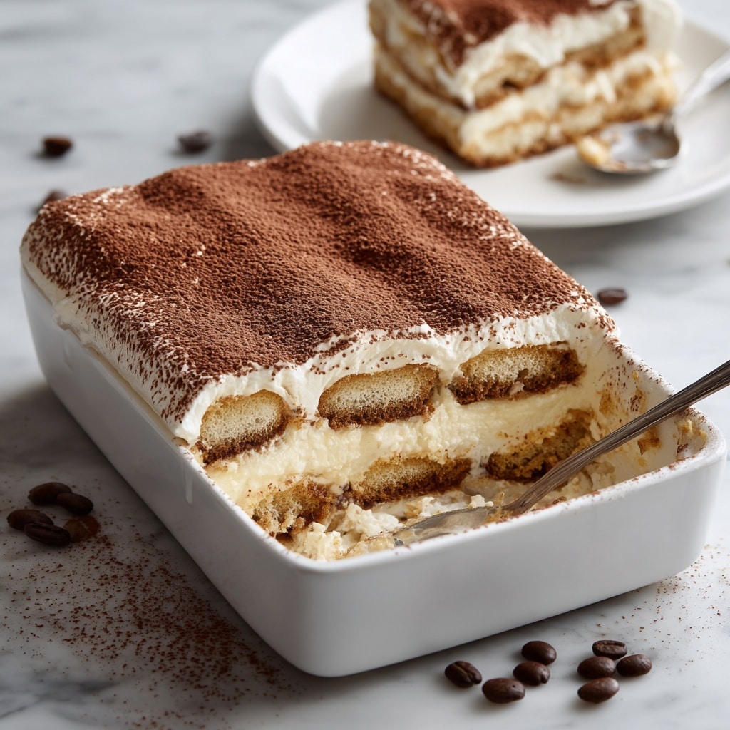 A white rectangular dish holds a layered tiramisu with three visible layers: the bottom and middle layers are light brown soaked ladyfingers, and between them are two thick creamy white mascarpone cheese layers. The top surface is evenly dusted with fine dark brown cocoa powder. A spoon with some cream residue rests inside the empty corner where a slice was taken out. In the background, a white plate holds a piece of the same tiramisu, showing the same layered structure. The scene is set on a white marbled texture with scattered dark brown coffee beans around the dish. photo taken with an iphone --ar 4:5 --v 7