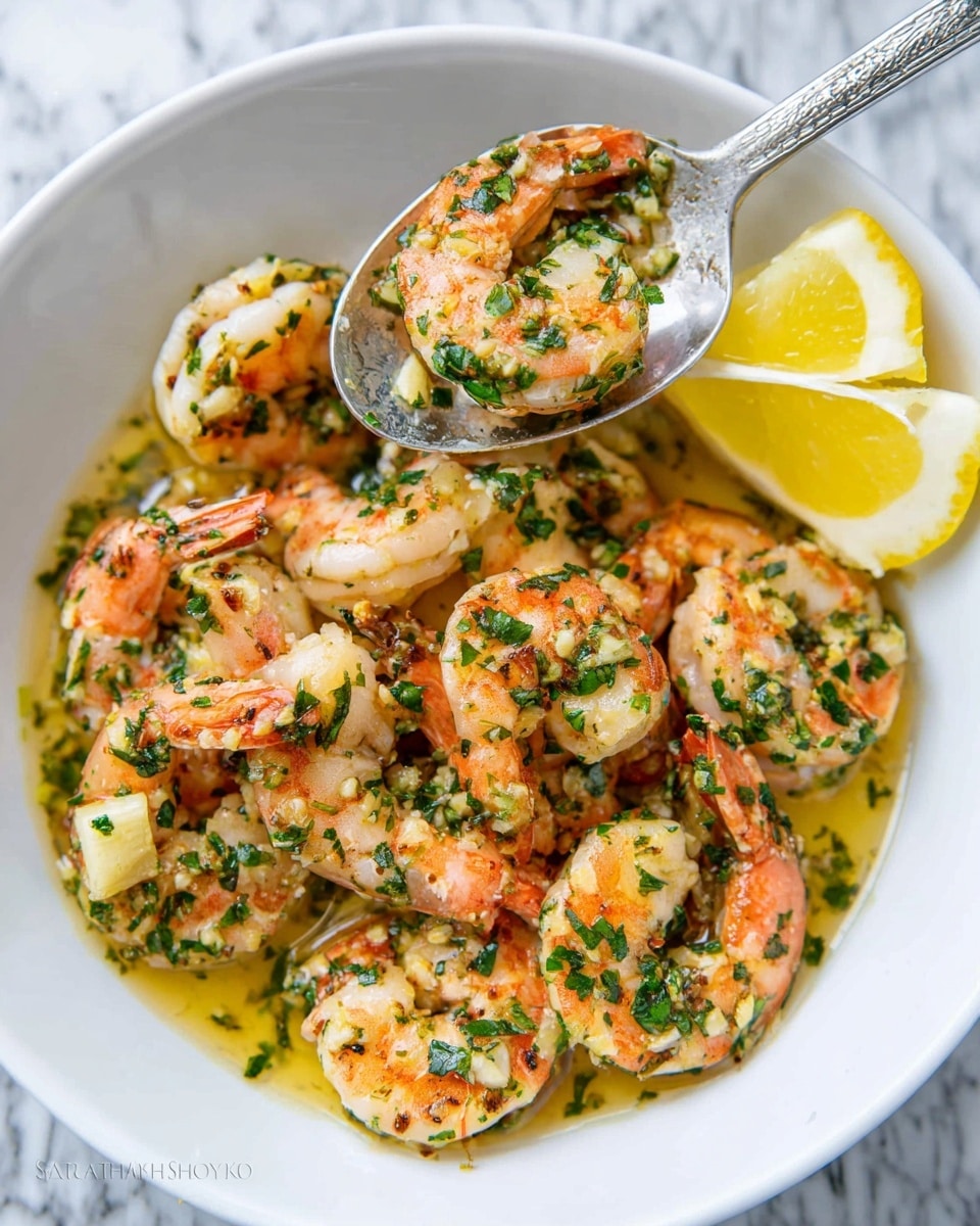 A black frying pan filled with cooked shrimp, each shrimp showing a mix of pink and white colors with some green chopped herbs sprinkled all over, sitting in a light sauce that pools around the shrimp. A wooden spoon rests in the pan on the right side, partially covered by shrimp. The pan sits on a deep blue cloth over a white marbled textured surface, and a half lemon is visible at the top right corner. Photo taken with an iphone --ar 4:5 --v 7