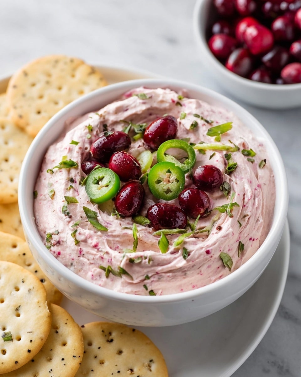 A white bowl filled with a creamy, pink dip that has a smooth and slightly swirled texture. The dip is topped with glossy red cranberries, bright green sliced jalapeños, chopped green onions, and small green herb flakes scattered evenly across the surface. The bowl is placed next to a white plate holding pale yellow crackers with specks of black seasoning. In the background, there is a small white bowl filled with more cranberries on a white marbled texture surface. photo taken with an iphone --ar 4:5 --v 7