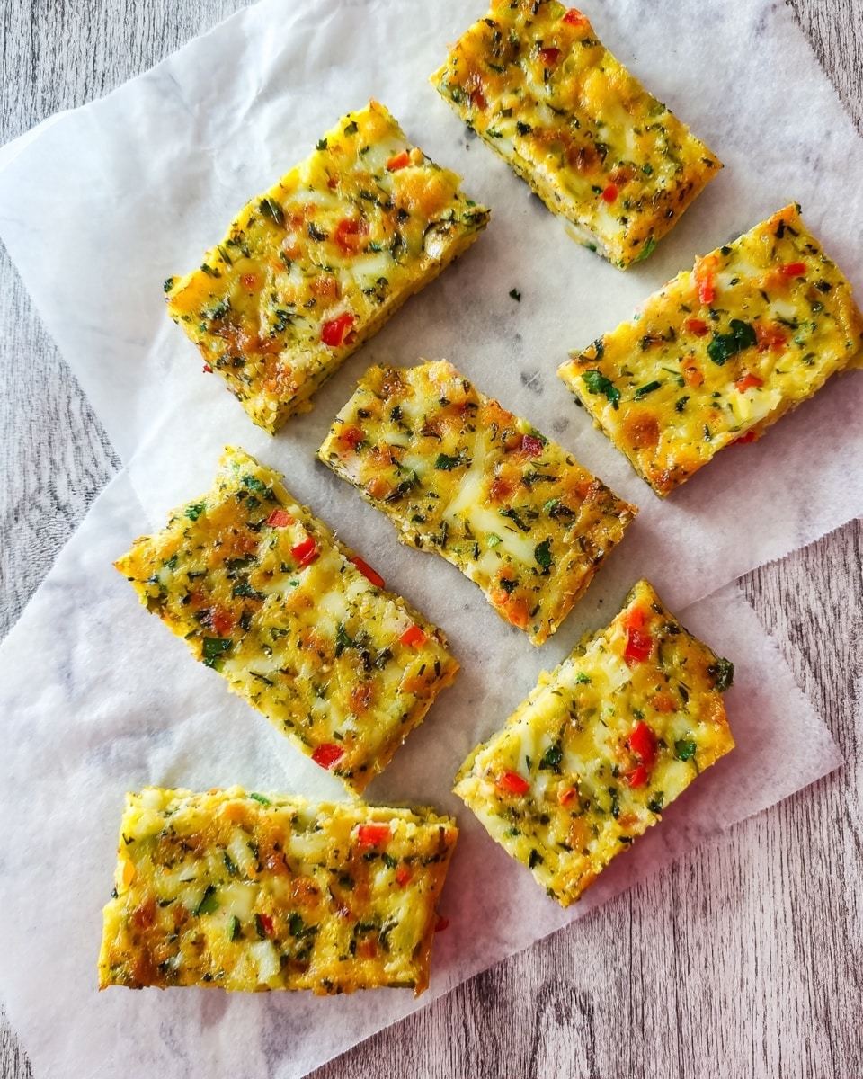 The image shows seven rectangular pieces of a baked dish placed on white parchment paper, arranged in two uneven rows. Each piece has a soft texture with a yellow base mixed with visible green herbs, small red bits, and white melted cheese scattered throughout. The pieces vary slightly in size and thickness, with some edges looking a bit crispy. The background is a white marbled texture under the parchment paper, which adds contrast to the colorful baked pieces. photo taken with an iphone --ar 4:5 --v 7