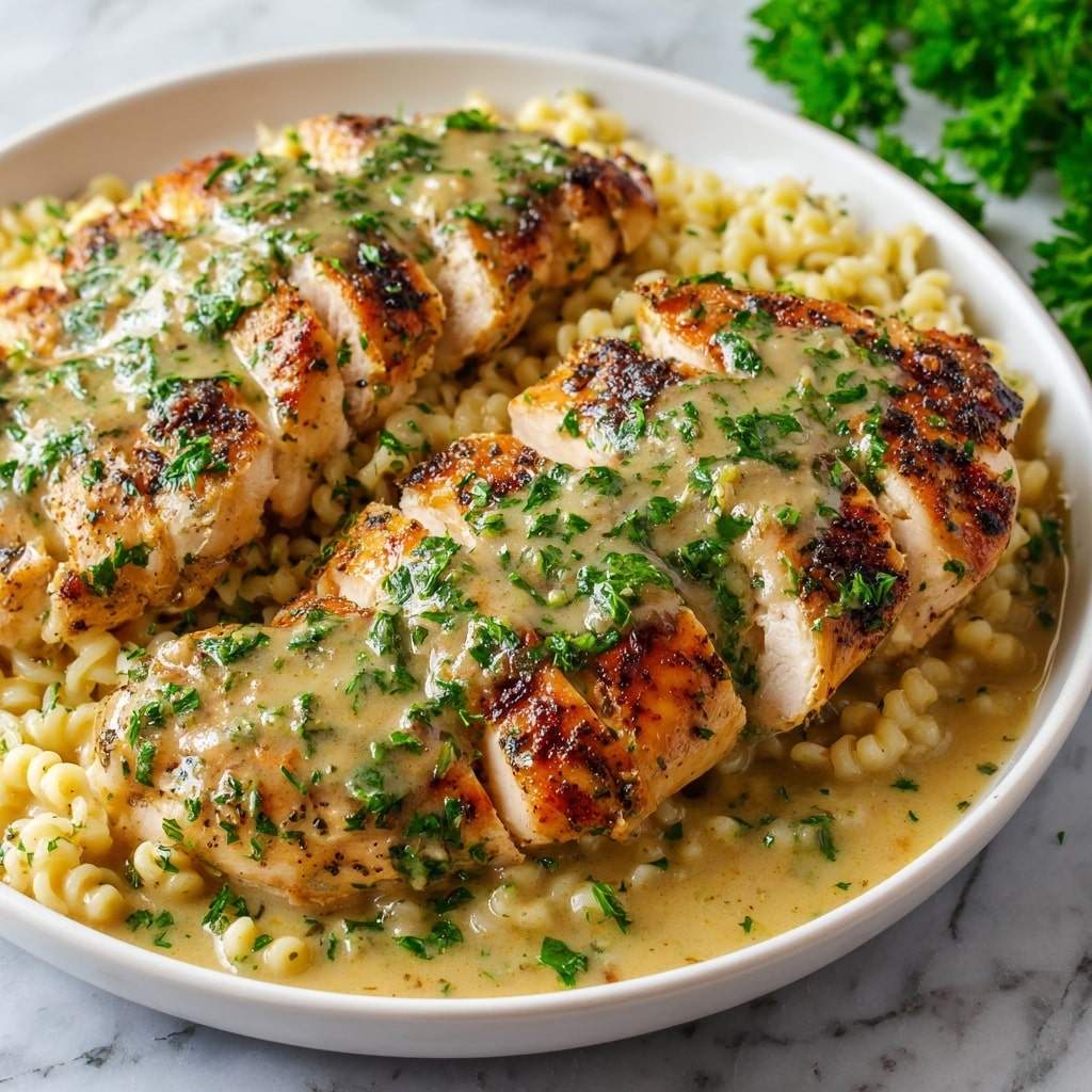 The image shows close-up cooked chicken breasts with a creamy herb sauce covered in chopped green herbs, sitting on a bed of small, rice-shaped pasta. The chicken breasts are golden brown with a juicy texture, and the sauce spreads over them, giving a glossy look with specks of green herbs. The dish is placed on a white plate, and fresh parsley sprigs add a touch of bright green color near the edge of the plate. The surface beneath has a white marbled texture. photo taken with an iphone --ar 4:5 --v 7