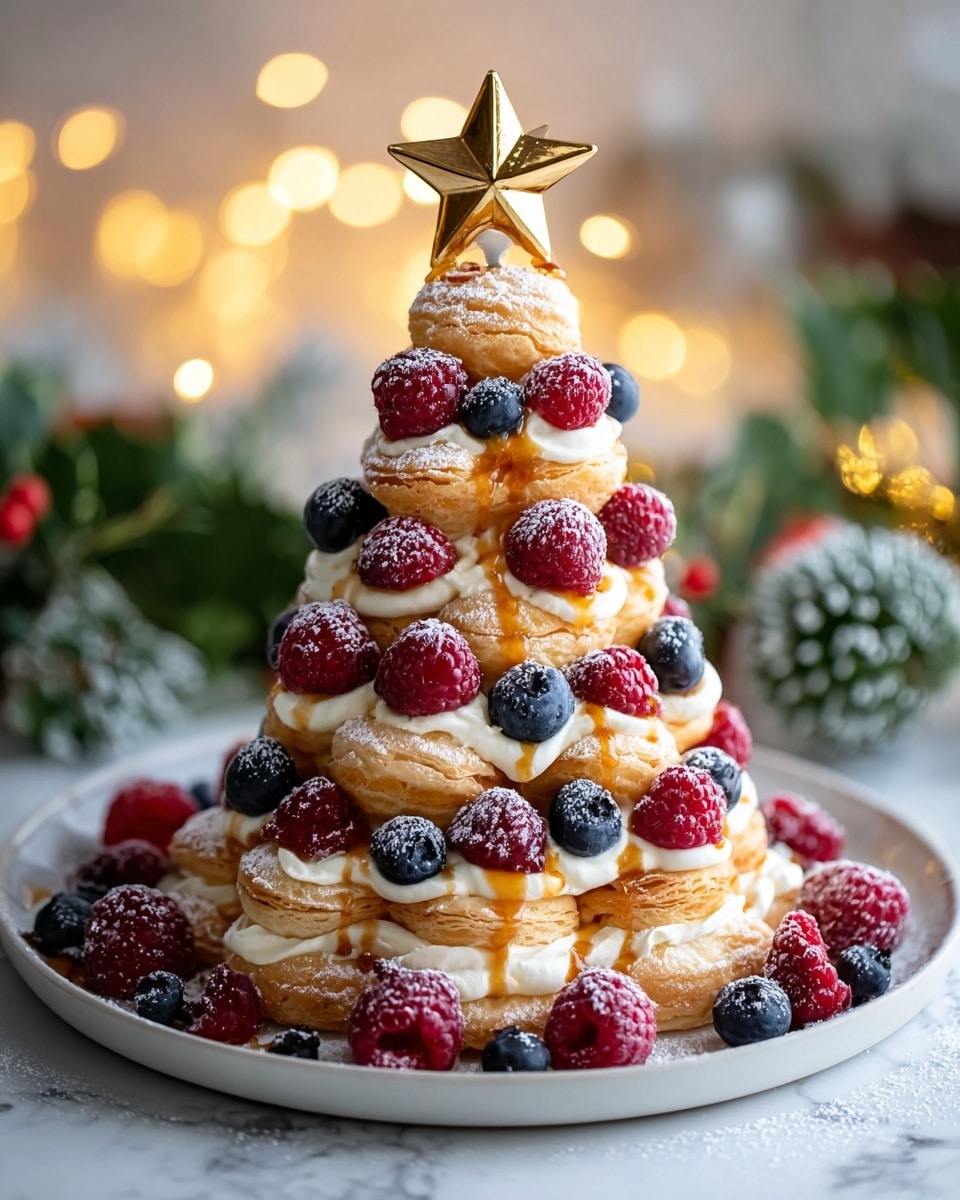 A tall, pyramid-shaped dessert made from multiple layers of golden cream puffs filled with white cream, stacked on a round white plate. Each cream puff is topped with a drizzle of shiny caramel sauce and decorated with fresh red raspberries and dark blue blueberries. Powdered sugar dusts the cream puffs and berries, adding a light snowy effect. The top of the pyramid has a small cluster of berries and a shiny gold star decoration. The dessert sits on a white marbled surface with soft bokeh lights and green holiday decorations blurred in the background. photo taken with an iphone --ar 4:5 --v 7