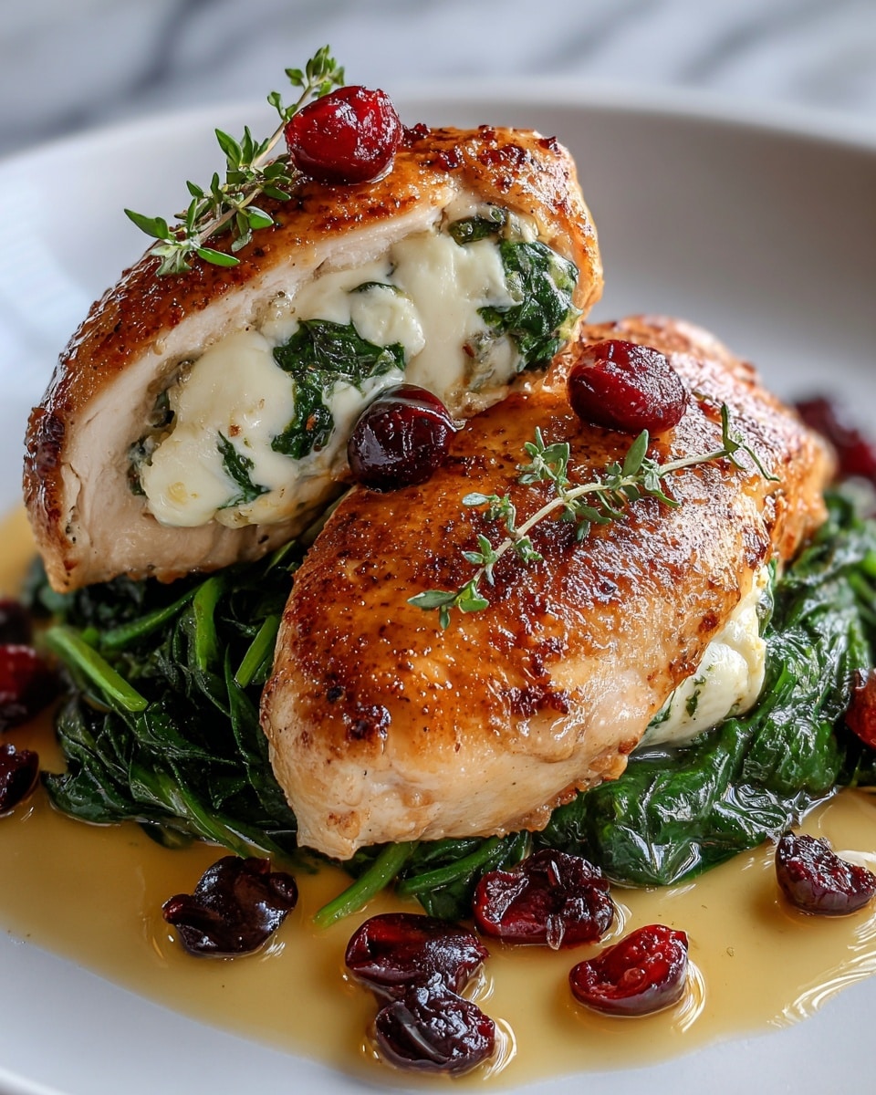 Two golden-brown, grilled chicken breasts are placed side by side on a white plate with a gray rim. Each chicken breast is stuffed with fresh green spinach and creamy white cheese. Surrounding the chicken are glossy, deep red cranberries and light green herb sprigs, some resting on the plate and others on top of the chicken. The chicken has a slightly crispy texture with visible grill marks and a light sheen of oil or sauce, all set against a white marbled background. photo taken with an iphone --ar 4:5 --v 7