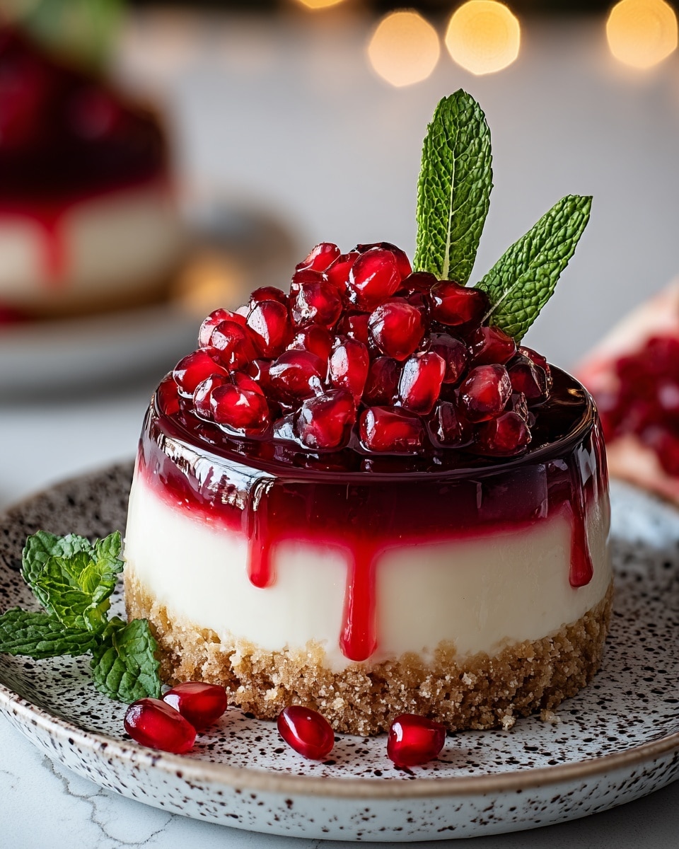 The image shows a small layered dessert on a white plate dusted with powdered sugar on a white marbled surface. The dessert has three layers: a bottom crumbly light brown crust, a middle creamy white layer, and a top shiny deep red jelly layer. On top, there are bright red pomegranate seeds and a small green mint leaf. Around the dessert on the plate and surface, more pomegranate seeds are scattered. In the blurry background, two more similar desserts are seen. The warm yellow lights add a cozy feel. Photo taken with an iphone --ar 4:5 --v 7