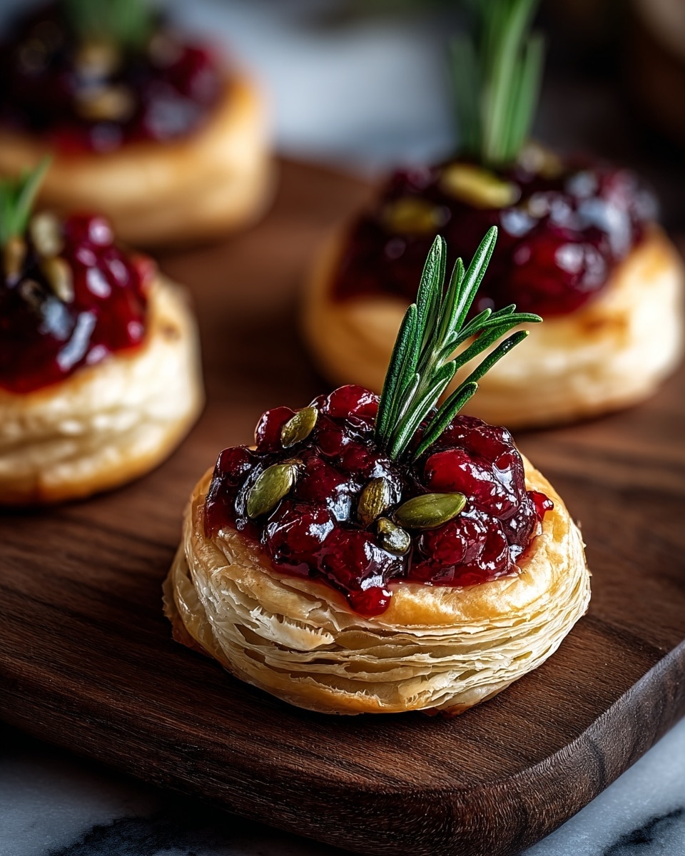 Four small, round pastries sit on a dark wooden board against a white marbled texture background. Each pastry has a flaky, golden-brown puff pastry base with multiple visible layers creating a slightly curled edge. On top of the pastry is a glossy, deep red berry compote with small green pumpkin seeds scattered within. A fresh, dark green rosemary sprig stands upright in the center of each tart, adding a vertical contrast to the layered, round shape. The image is close up, focusing on one tart in the front while the others softly blur into the background. Photo taken with an iphone --ar 4:5 --v 7