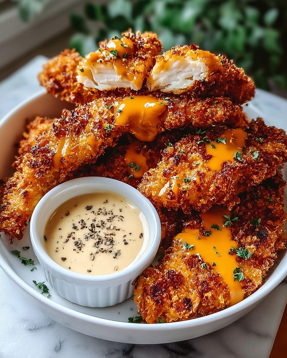A white oval plate holds a pile of crispy, golden brown chicken tenders with a crunchy texture, some pieces drizzled with rich orange sauce. One tender is broken in half at the front, showing juicy white meat inside. The tenders are sprinkled with fresh green herbs. On the plate’s upper left side, a small white ramekin cup holds a creamy, light beige dipping sauce with a sprinkle of black pepper on top. The scene is set on a white marbled surface with some green plants softly blurred in the background. Photo taken with an iphone --ar 4:5 --v 7