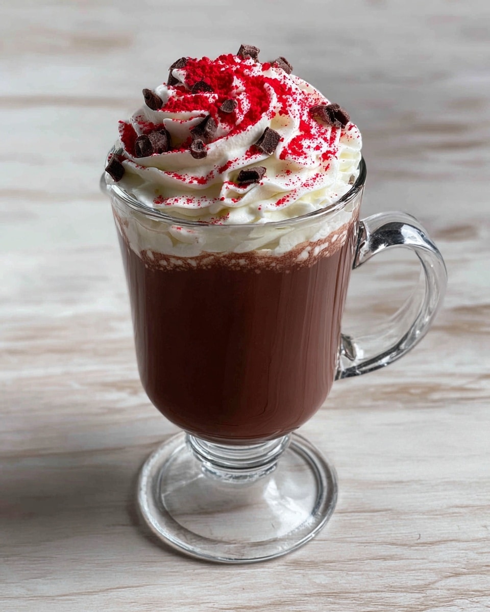 A clear glass cup with a handle and a stem filled with rich, dark brown hot chocolate forms the bottom layer. The top layer is a large swirl of white whipped cream, unevenly dusted with bright red powder and sprinkled with small dark chocolate bits. The glass sits on a white marbled surface, and the background is softly blurred, focusing attention on the drink. photo taken with an iphone --ar 4:5 --v 7