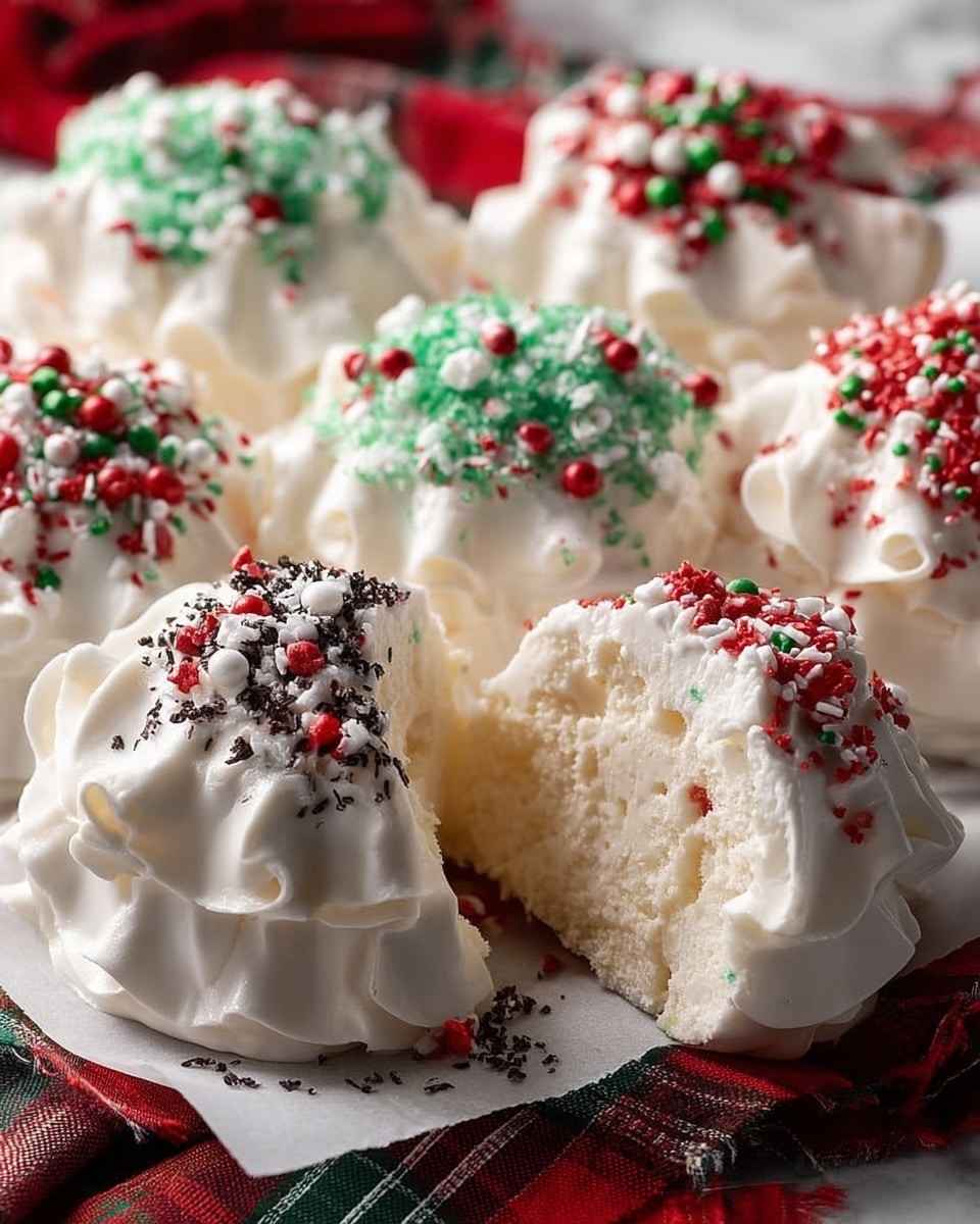 A group of small, round white cakes with thick white frosting forming soft ruffled edges all around, each topped with different colorful sprinkles: red crushed candy pieces, green sugar crystals, and a mix of black and white crumbs with little red candy dots. One cake is cut open, showing a light, fluffy white interior, with smooth white frosting covering the outside. The cakes sit close together on a white surface with hints of a red and green checkered cloth under them. photo taken with an iphone --ar 4:5 --v 7
