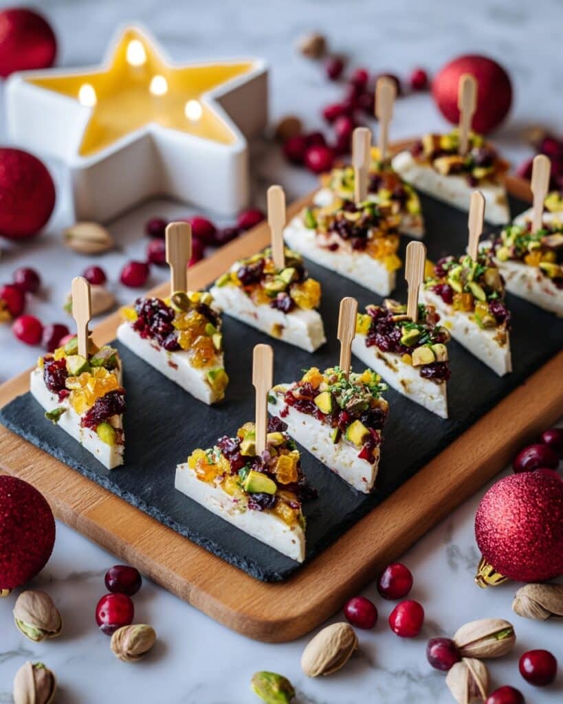 Mini Brie Christmas Trees with Cranberries, Apricots, Pistachios, and Cilantro Recipe