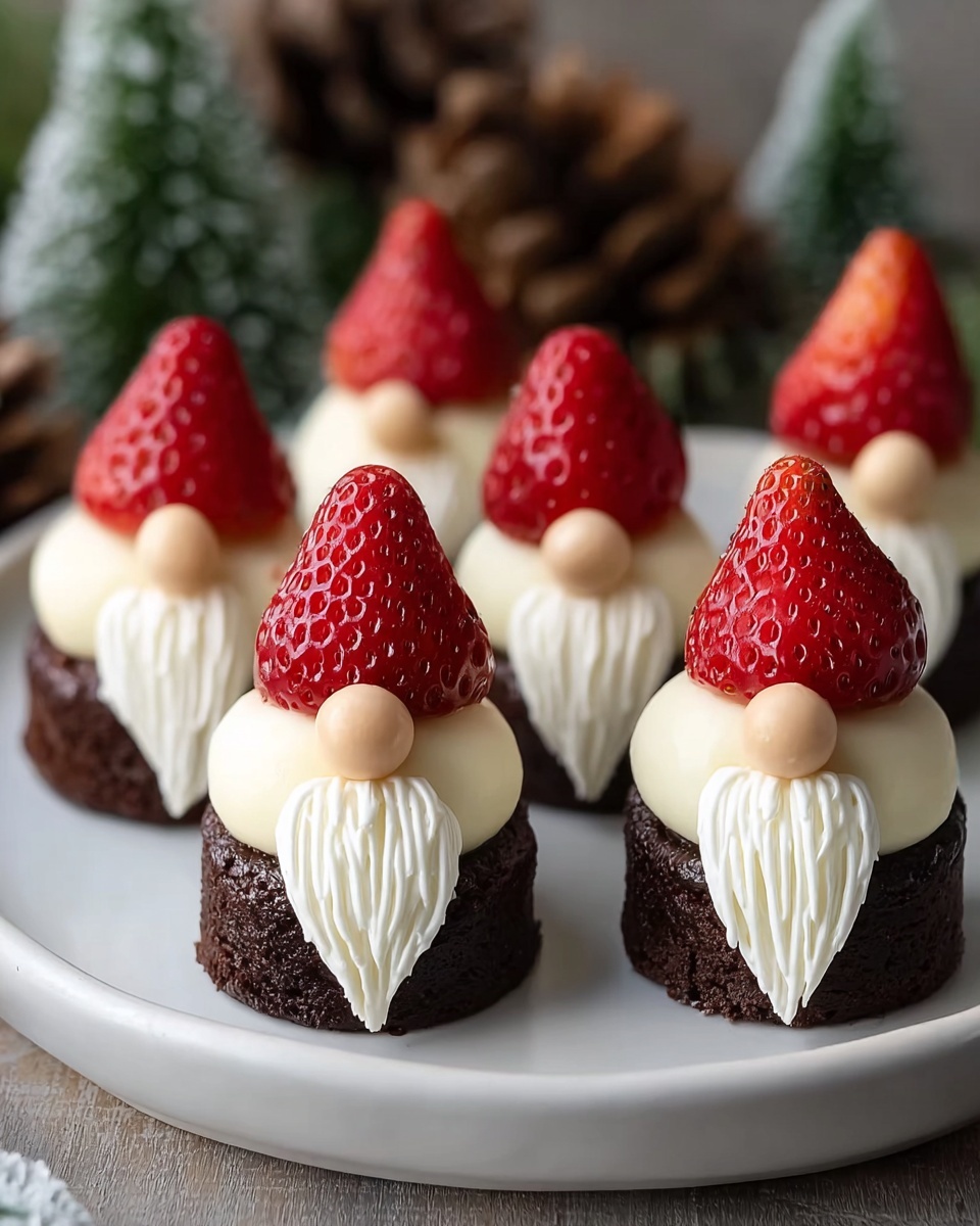Two small square pieces of dark brown chocolate cake sit side by side on a round wooden slice with a white lace doily on top. Each cake piece is topped with a swirl of white cream shaped like a beard, and a single round beige candy placed near the top center. A large, bright red strawberry with seeds visible covers the top of each swirl like a hat. In the softly blurred background, there are small green Christmas tree decorations and a white bowl filled with more red strawberries. The whole scene is set on a white marbled textured surface. Photo taken with an iphone --ar 4:5 --v 7