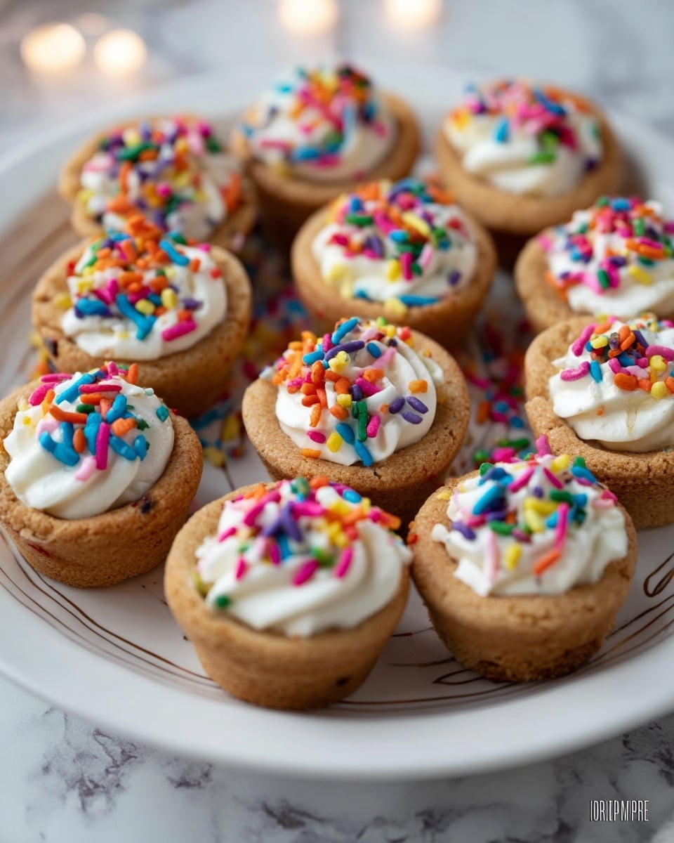 There are twelve cookie cups arranged closely on a white plate with a subtle design on the edge. Each cookie cup has a golden-brown baked crust shaped like a small cup, filled with smooth, creamy white frosting topped with bright, colorful round and rod-shaped sprinkles in red, blue, green, yellow, pink, orange, and purple. The frosting is swirled slightly, sitting just above the rim of each cookie cup, creating a soft, fluffy texture contrast with the firm cookie shell. The background has a white marbled texture with some small, soft lights around the plate. photo taken with an iphone --ar 4:5 --v 7