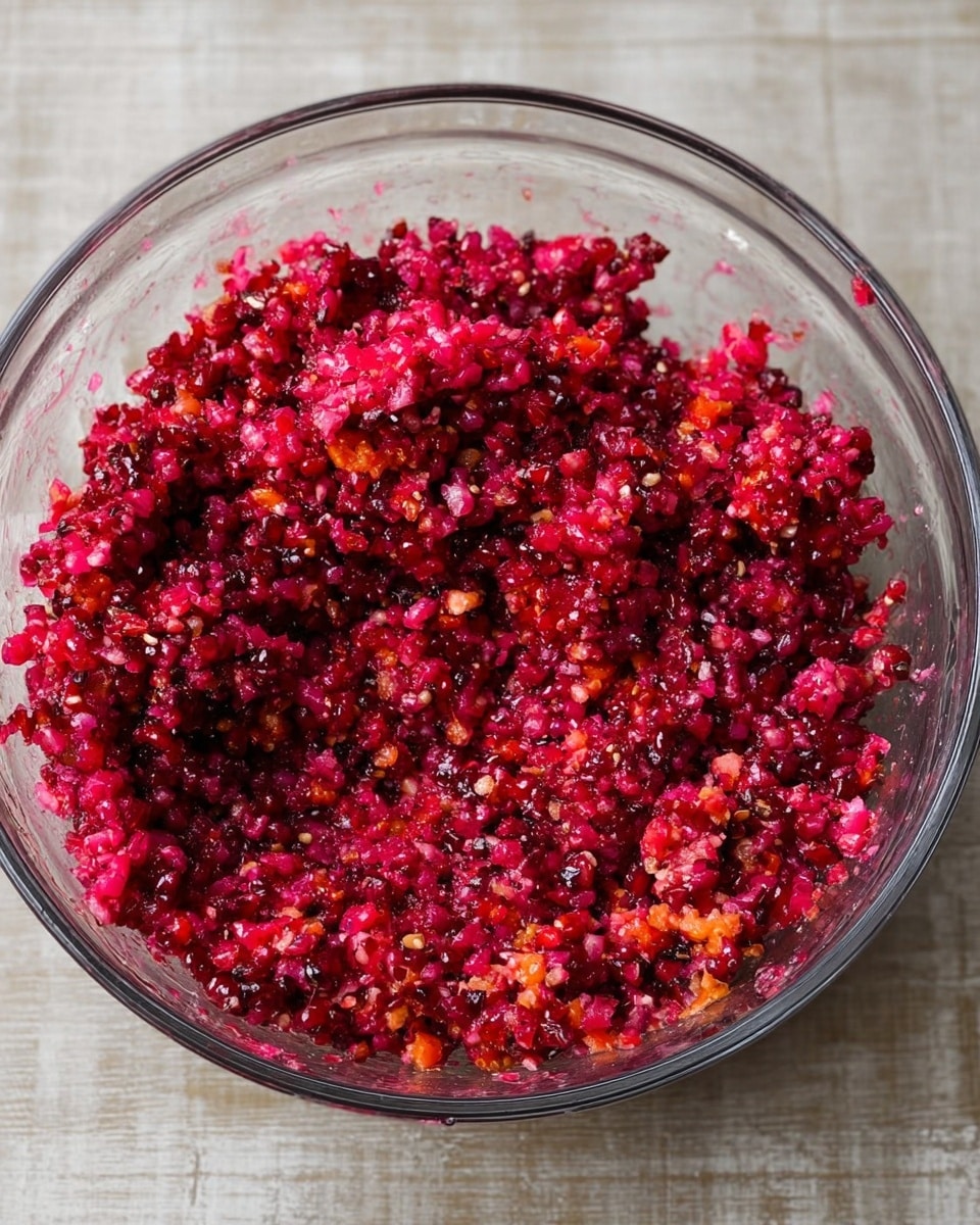 A clear glass bowl sits on a white marbled surface, filled with a mixture of finely chopped and crushed ingredients showing bright red, deep pink, and bits of orange colors. The texture looks chunky yet moist, with small seeds and pieces visible throughout. The mix appears well combined with some shiny oily spots on top, creating a glossy look. The bowl is large and round, allowing a close-up view of the detailed textures inside. photo taken with an iphone --ar 4:5 --v 7