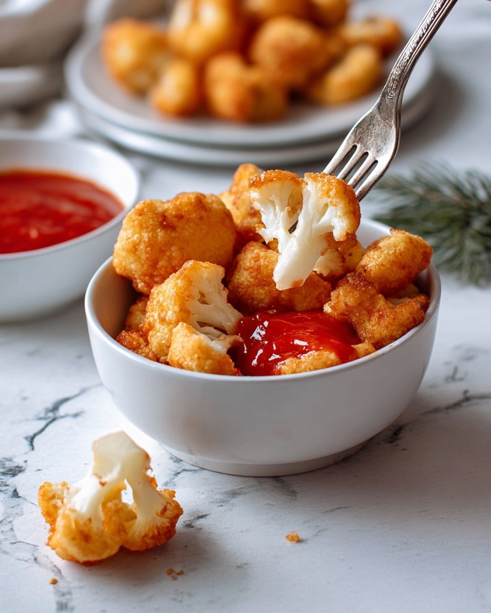 A white bowl full of golden brown fried cauliflower pieces with a crispy texture is placed on a white marbled surface. Next to the bowl, there is a piece of fried cauliflower broken open, showing soft white inside, and a fork holding a piece with bright red dipping sauce on it. In the background, a white bowl filled with the same red sauce is being dipped into by a woman's hand, and a white plate with more fried cauliflower pieces sits behind it. The colors are warm, with the golden fried cauliflower contrasting with the red sauce and neutral white bowls and surface. photo taken with an iphone --ar 4:5 --v 7