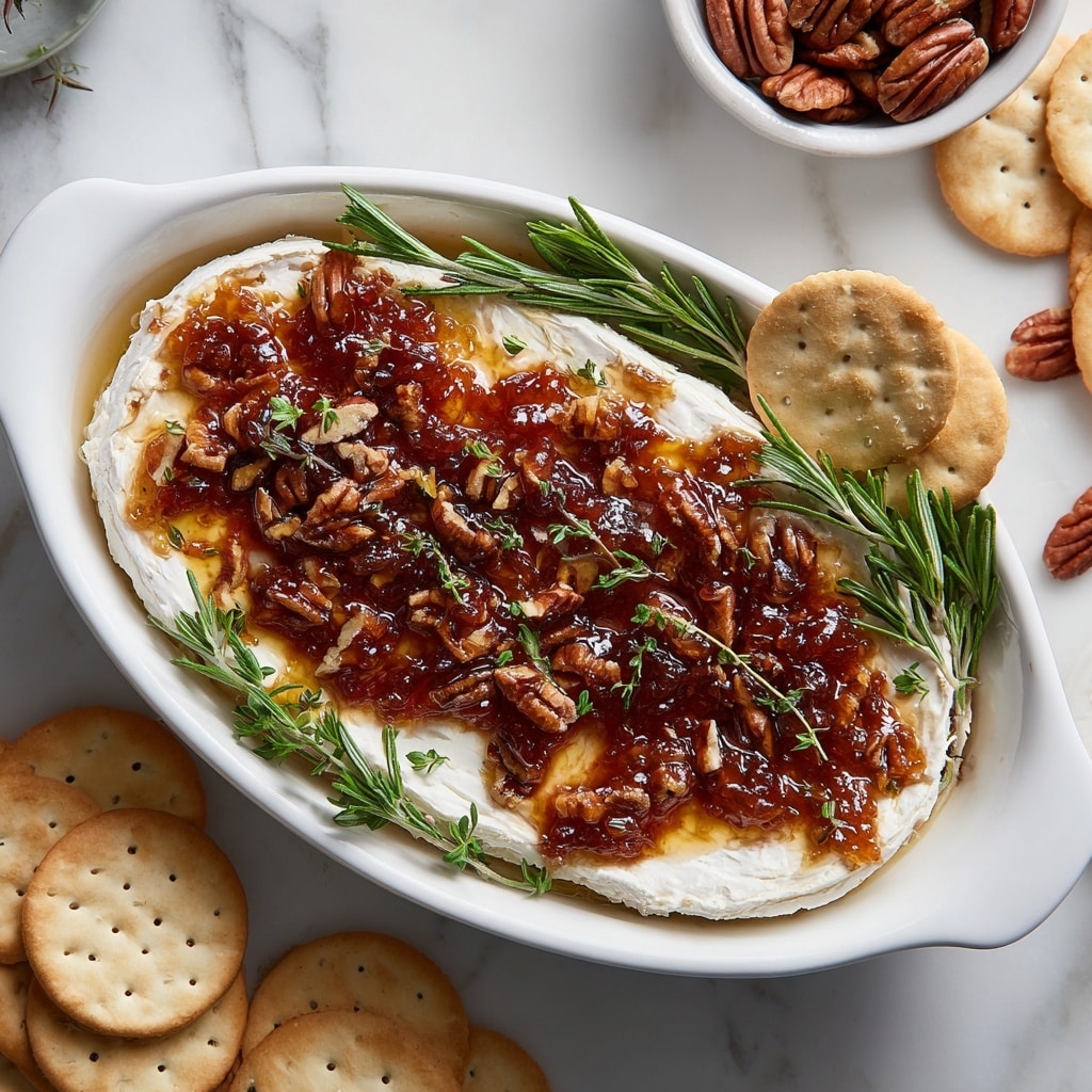 A white oval dish filled with a creamy white cheese layer spread evenly at the bottom, topped with a glossy amber-colored jam or jelly layer covering about half of the cheese. On top of the jam, there are small pieces of brown pecan nuts scattered, along with a few sprigs of fresh green herbs like rosemary and thyme placed mainly on one side. A round pale cracker, partially dipped in the cheese and jam, rests near the top edge of the dish. Around the dish, there are more pale crackers and small bowls of nuts on a white marbled surface. photo taken with an iphone --ar 4:5 --v 7