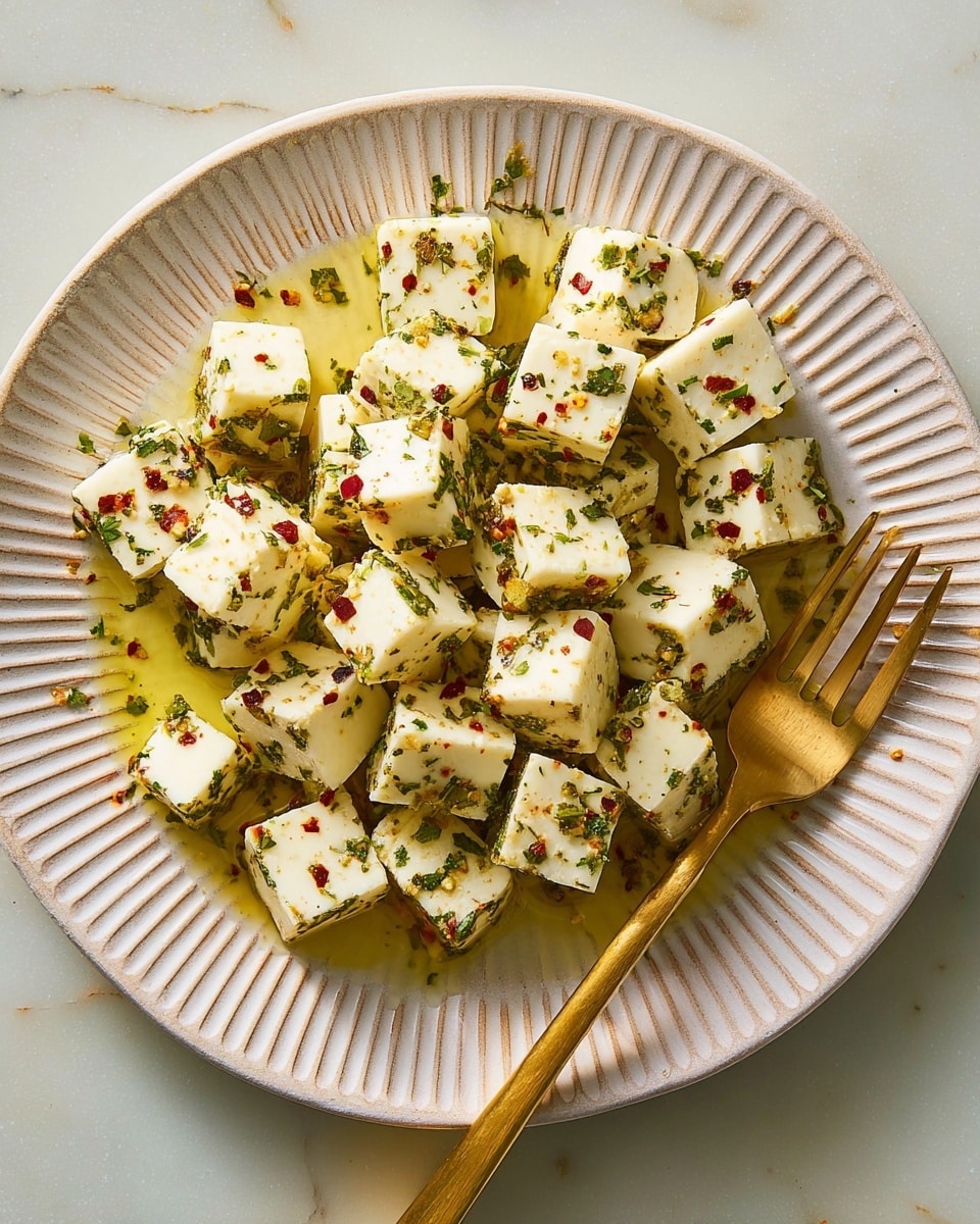 A white round plate with ridged edges holds a single layer of cubed white cheese soaked in a light golden olive oil. The cheese cubes are evenly coated with small green herb pieces and red chili flakes, giving a speckled look over the smooth cheese texture. A gold fork is placed on the right side of the plate, resting on the plate's edge. The plate sits on a white marbled surface, providing a clean and bright background. photo taken with an iphone --ar 4:5 --v 7