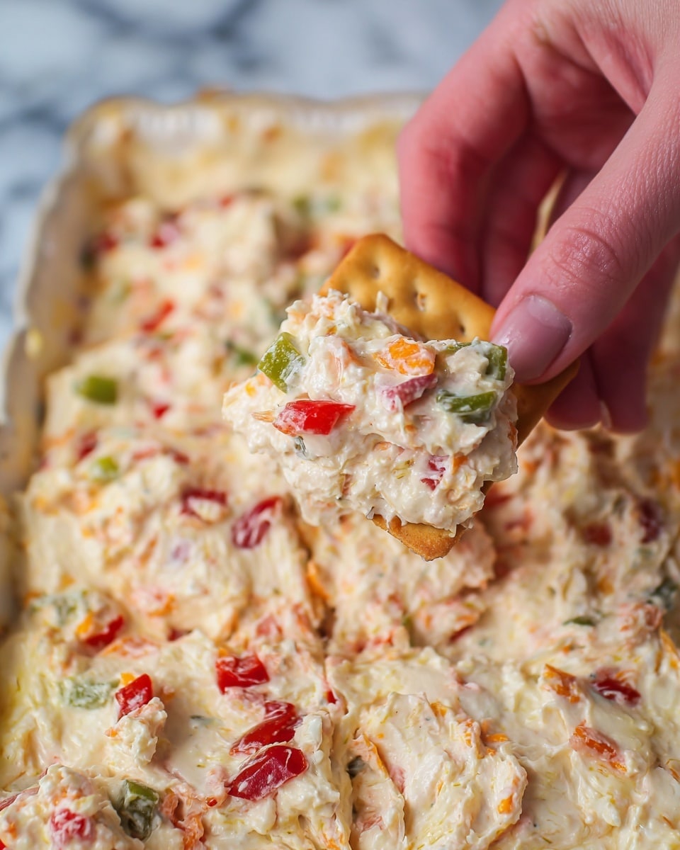 The image shows a rectangular glass dish filled with a creamy layered spread. The spread has a smooth, thick texture and is speckled throughout with small pieces of red and green peppers, adding vibrant red and green spots against the off-white creamy base. The surface has soft swirls, giving it a slightly uneven look. The dish sits on a red-patterned cloth over a white marbled surface. Around the dish, there are white plates, a white bowl with light brown crackers, and some orange-brown pretzels scattered on the table. photo taken with an iphone --ar 4:5 --v 7