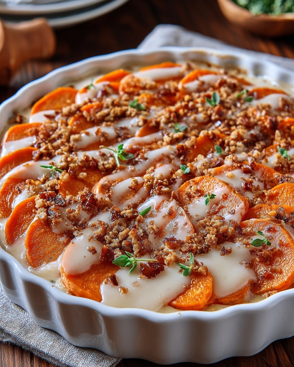 A white scalloped dish holds a layered sweet potato casserole, with the bottom layer covered in creamy white sauce. On top, there are two layers of round sweet potato slices, rich orange with lightly browned edges, arranged neatly in concentric circles covering the entire surface. The dish is drizzled evenly with white creamy sauce and topped with a sprinkle of brown crumbly nuts and small green herb pieces, adding texture and color contrast. The dish sits on a wooden board next to a cloth napkin with black and white stripes, all set on a white marbled surface. photo taken with an iphone --ar 4:5 --v 7