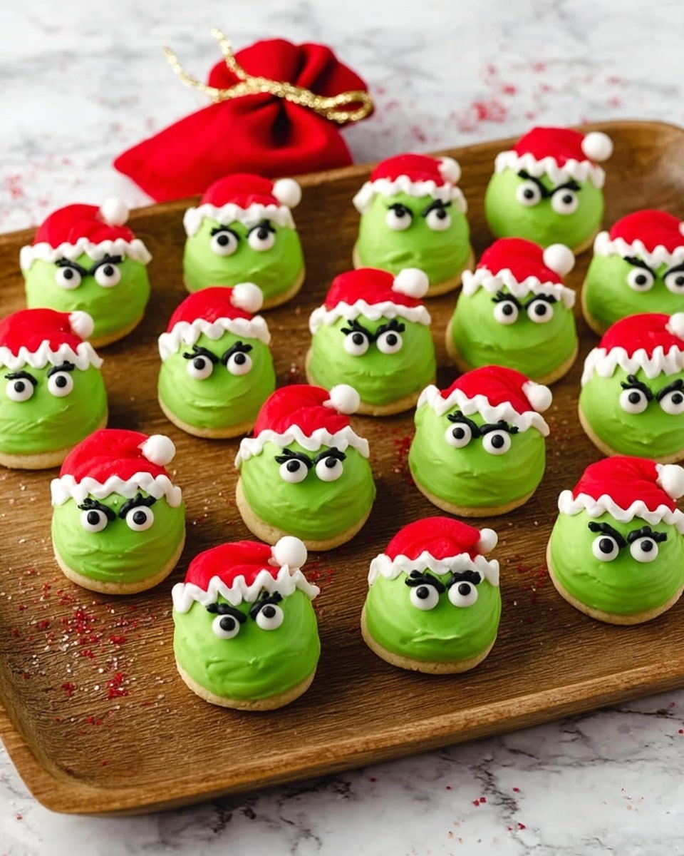 A wooden board holds 24 small round treats covered in bright green icing, each decorated like a cartoon Grinch face wearing a red Santa hat with white trim and a fluffy white pom-pom on top. Some faces have white eyes with black pupils and bushy black eyebrows, while others just have the hats without faces. The green icing is smooth and shiny, with the red hats piped in swirled layers, and white accents adding contrast. The board is on a white marbled surface, and a small red sack tied with gold string sits at the back center. photo taken with an iphone --ar 4:5 --v 7