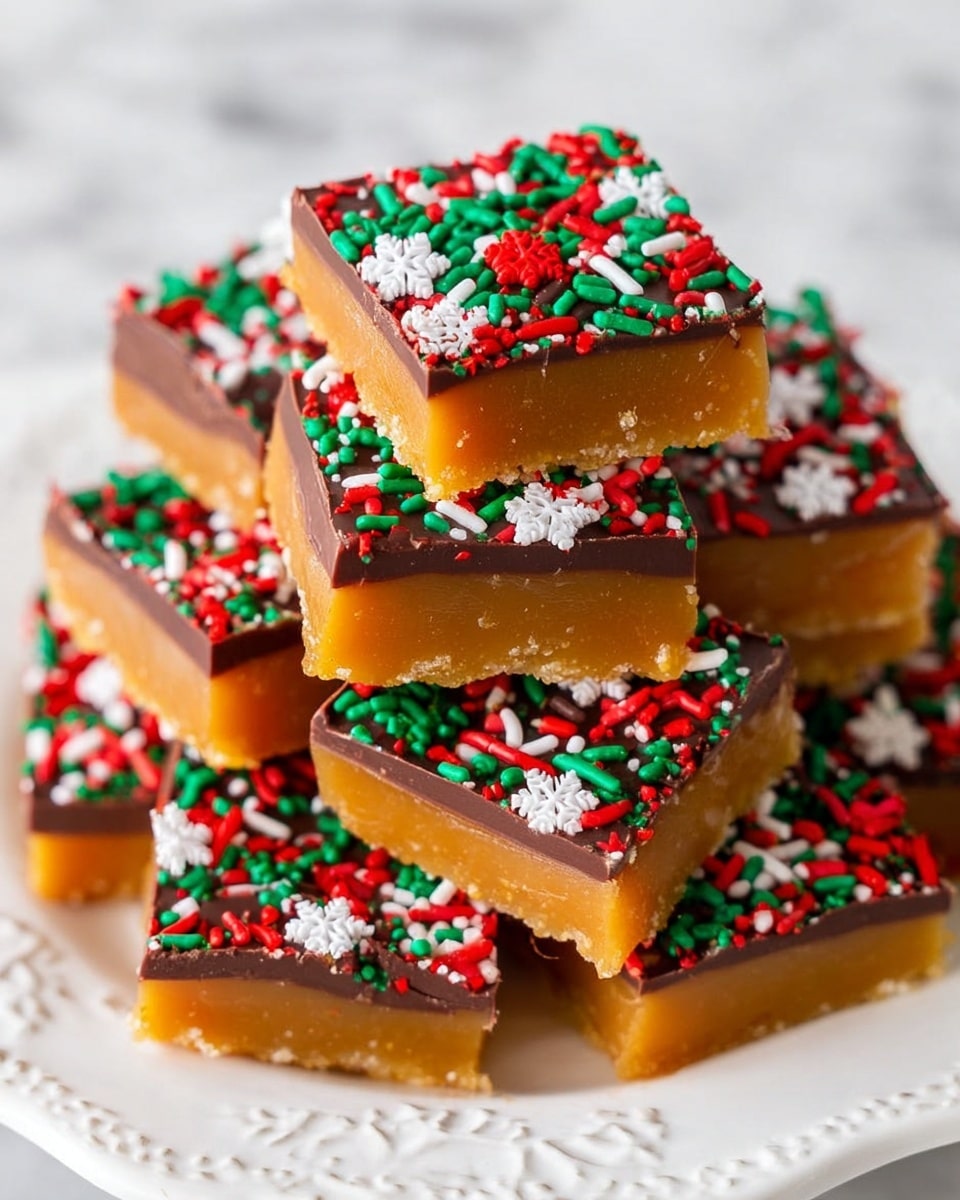 A stack of square caramel fudge pieces is shown on a white plate with a subtle floral pattern, placed on a white marbled surface. Each fudge piece has two layers: the bottom layer is thick and golden brown with a smooth, slightly grainy texture, while the top layer is a thinner, glossy dark chocolate. The chocolate layer is covered with red, green, and white sprinkles shaped like small rods and snowflakes, adding a festive look. The fudge squares are neatly piled, some slightly tilted, showing the thickness and texture of both layers clearly. Photo taken with an iphone --ar 4:5 --v 7