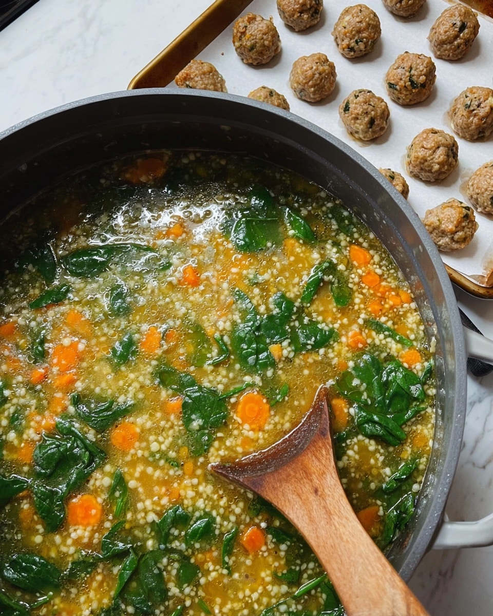 A close-up of a large gray pot filled with soup, inside it are several round brown meatballs, small round pasta pearls, diced orange carrots, chopped green celery, and dark green leafy vegetables in a light broth. A white ladle is lifted above the pot showing a scoop with three meatballs on top, surrounded by the small pasta pearls, carrot cubes, celery pieces, and bits of leafy greens. The broth is clear with a slight oily surface, and the background shows blurred green trees outside. photo taken with an iphone --ar 4:5 --v 7