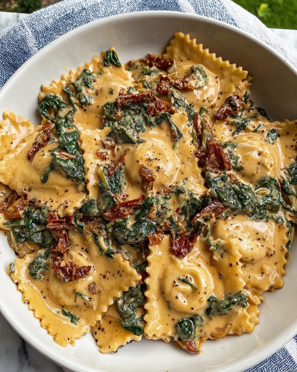 The image shows a silver pan filled with cooked ravioli pasta in a creamy, light beige sauce. The ravioli are square-shaped with wavy edges and a smooth, slightly shiny yellow dough. Mixed in the sauce are dark green spinach leaves and pieces of sun-dried tomatoes, adding texture and color contrast. A wooden spoon is partially visible on the right side of the pan, stirring the pasta and sauce. The creamy sauce coats the ravioli and the vegetables evenly, creating a rich and appetizing look. photo taken with an iphone --ar 4:5 --v 7