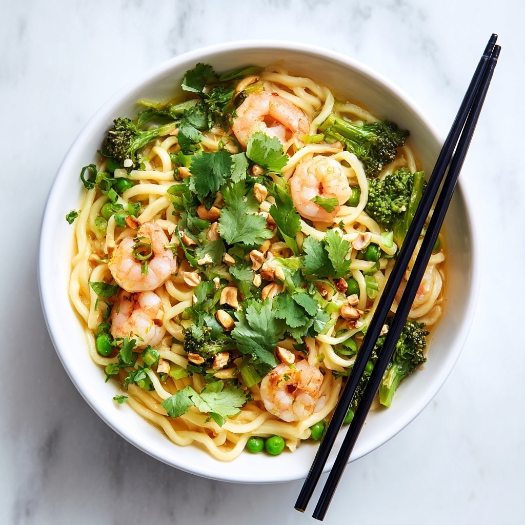 A white bowl filled with a noodle dish showing three main layers: thick light yellow noodles forming the base, scattered medium pink cooked shrimp mixed evenly, and green vegetables including small broccoli florets and green peas spread throughout. The top is garnished with chopped green onions, small pieces of light brown nuts, and fresh bright green cilantro leaves. Black chopsticks lay on the bowl’s edge, resting on a white marbled surface. photo taken with an iphone --ar 4:5 --v 7
