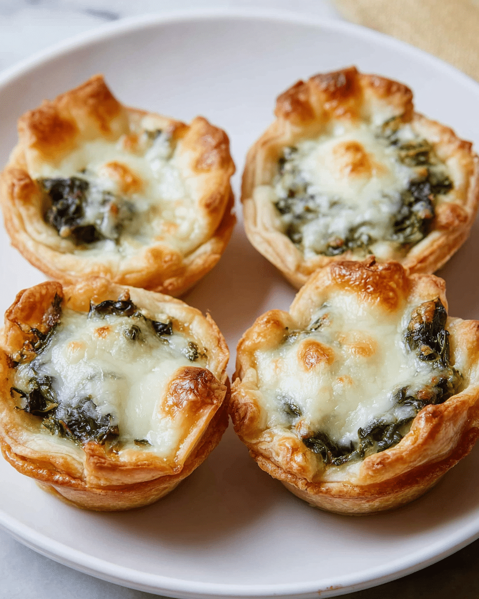 The image shows five mini tartlets on a white plate placed on a white marbled surface. Each tartlet has a golden-brown flaky crust forming the base and sides. Inside, there is a visible layer of cooked green leafy vegetables covered with a melted, white cheese topping that has a gooey texture with some slight browning. The tartlets are arranged loosely on the plate, with some parts of the crust slightly darker from baking. In the background, a blurry wooden board holds a few more tartlets. Photo taken with an iphone --ar 4:5 --v 7