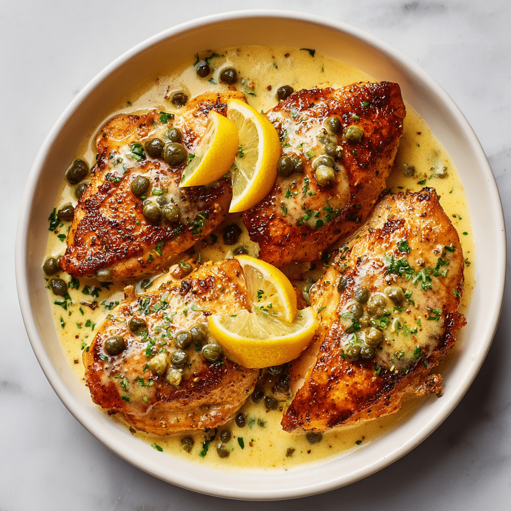 The image shows golden brown chicken breasts covered in a creamy light yellow sauce with small green capers scattered on top. Each chicken piece is garnished with a small triangular slice of lemon and sprinkled with finely chopped green herbs. The sauce looks smooth and glossy, pooling around and between the chicken pieces. The close-up view highlights the crispy texture of the cooked chicken skin contrasting with the soft, thick sauce. The dish sits on a white marbled surface. photo taken with an iphone --ar 4:5 --v 7