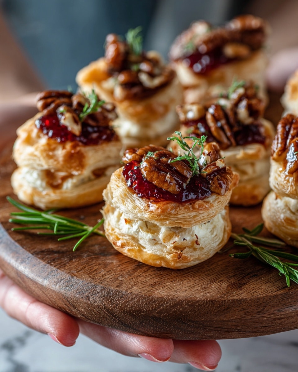 A wooden serving board holds eight small puff pastry appetizers, each topped with white creamy cheese spread, a dollop of red cranberry sauce, and a pecan half. The puff pastry looks golden and flaky, with some layers slightly visible on the sides. Small sprigs of fresh green rosemary are scattered around the appetizers on the board. A woman's hand is gently holding the board. The background is a white marbled texture. photo taken with an iphone --ar 4:5 --v 7
