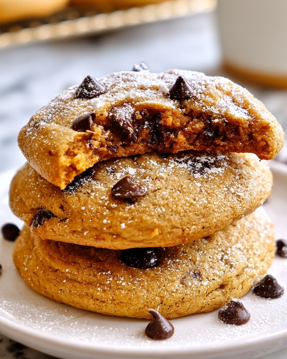 Two thick, round, golden-brown chocolate chip pancakes with a soft texture sit stacked on a white plate with a dotted rim. The pancakes are dotted evenly with dark chocolate chips and lightly dusted with powdered sugar. In the background, there are more chocolate chip pancakes cooling on a metal rack. Scattered chocolate chips lie around a set of colorful measuring spoons with orange and red flower patterns, placed on a striped white and light gray cloth. A white cup filled with light brown coffee is positioned to the left. The whole setup is on a white marbled surface. photo taken with an iphone --ar 4:5 --v 7