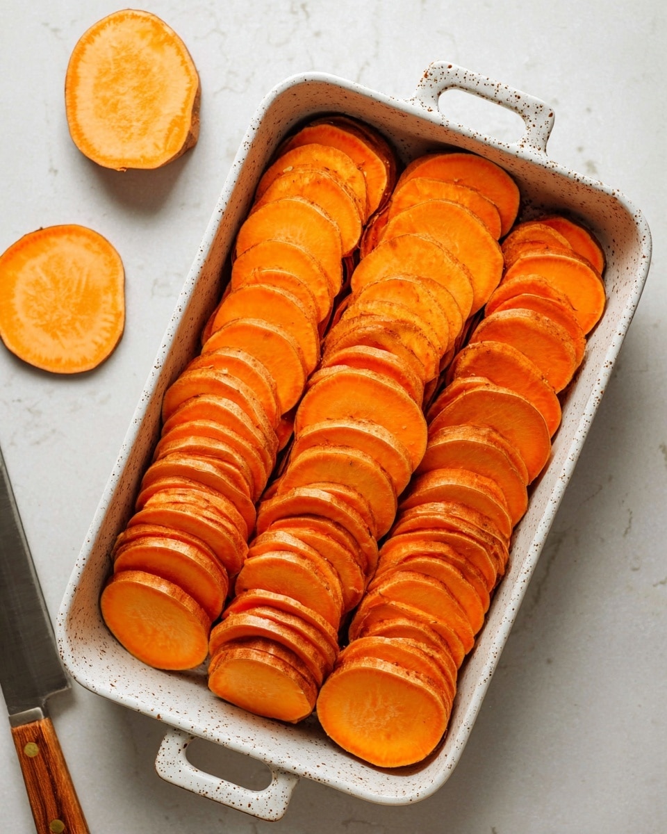 The image shows three neat rows of thin, round slices of bright orange sweet potatoes arranged side by side inside a speckled white rectangular baking dish with handles on each side, all resting on a white marbled surface. Two whole slices of sweet potato are placed outside the dish, near the top left and top right corners. A knife with a wooden handle lies diagonally at the bottom left corner of the image. The sweet potato slices have slightly rough edges and are stacked closely, filling the dish evenly. Photo taken with an iphone --ar 4:5 --v 7